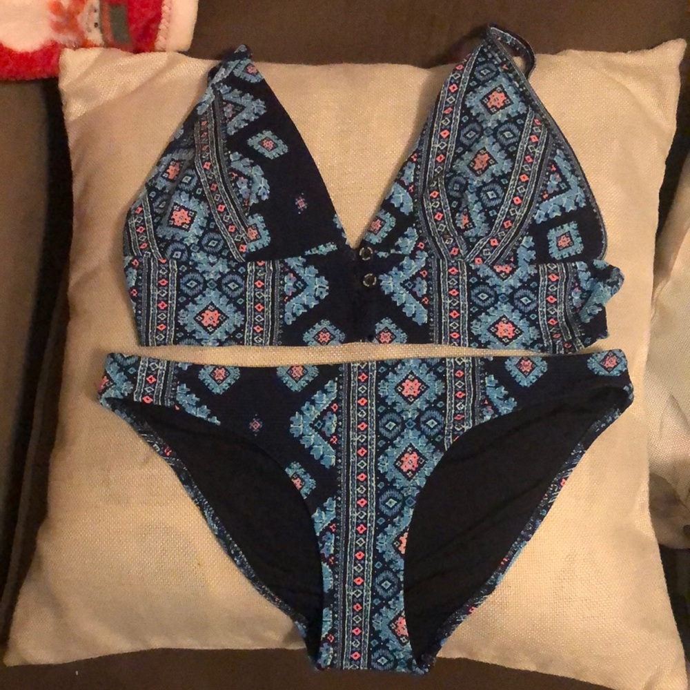 aerie Navy Blue Bikini with Light Blue and Pink Geometric Print